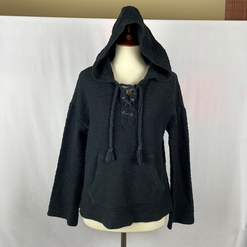 ROXY Black Textured Hoodie w/Cord Lace Up Front & Kangaroo Pocket - Size XS